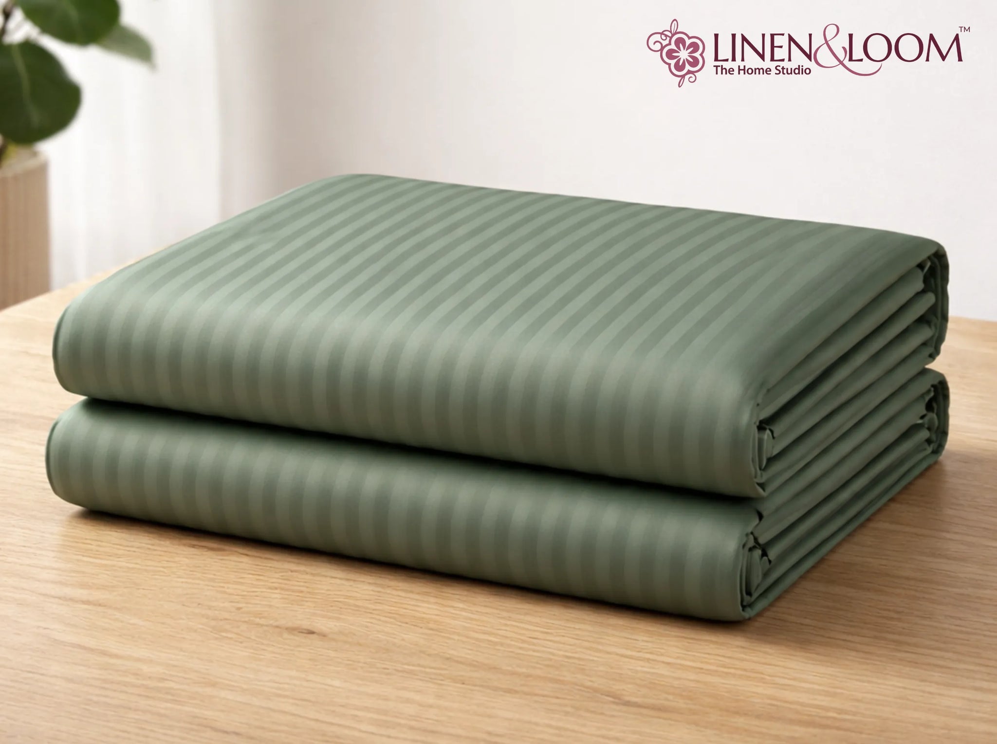 Mediterranean green - Linen & Loom Elegance Series (60x90 inches) Bedsheet with 1 Pillow Cover | Luxury Striped Cotton Blend Bedsheet Set | Soft, Breathable & Hotel-Style Finish | TC 200