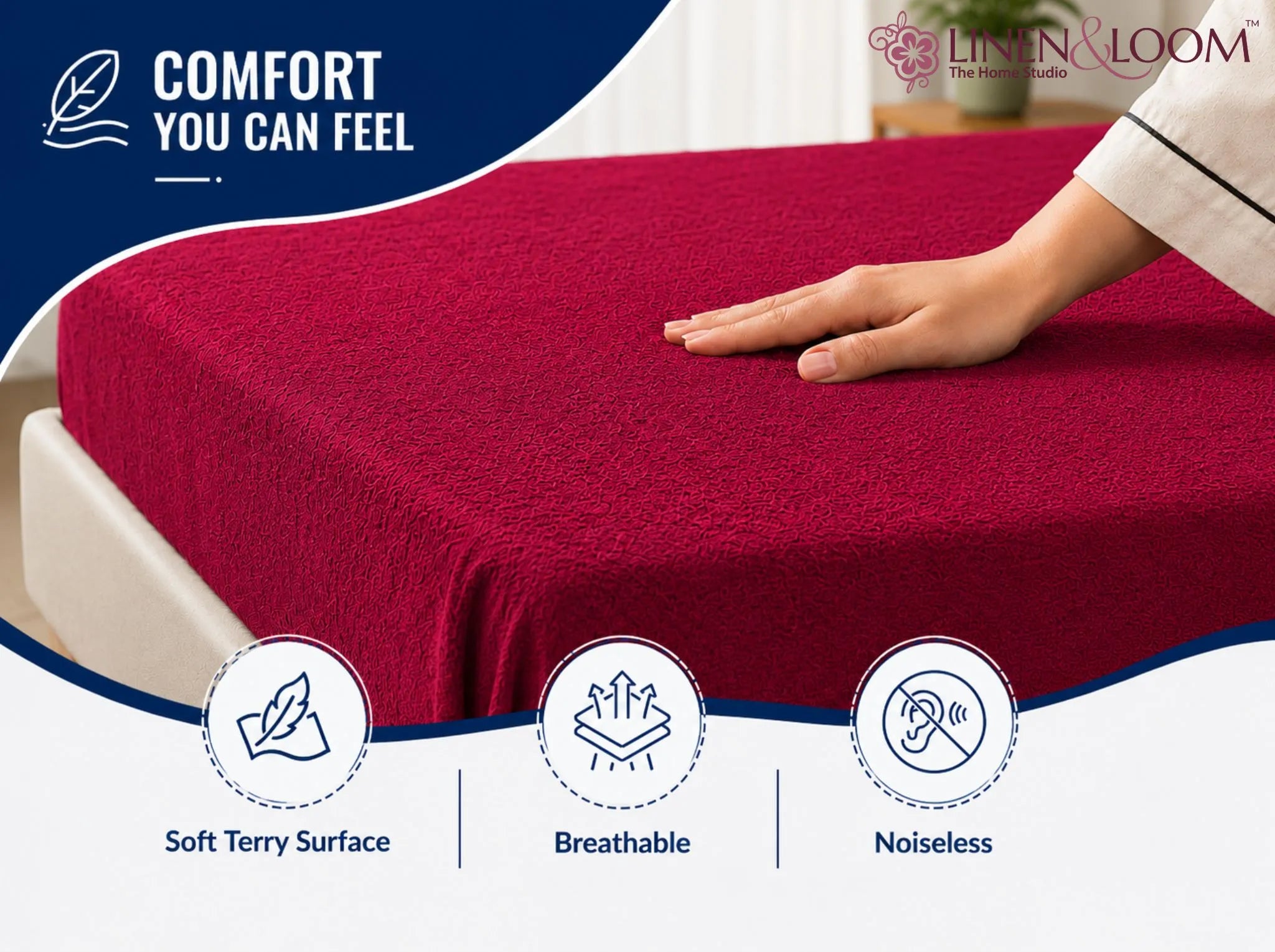 Maroon - Linen & Loom Premium Mattress Protector | King Size (72 x 78 Inches) | Waterproof Fitted Mattress Cover