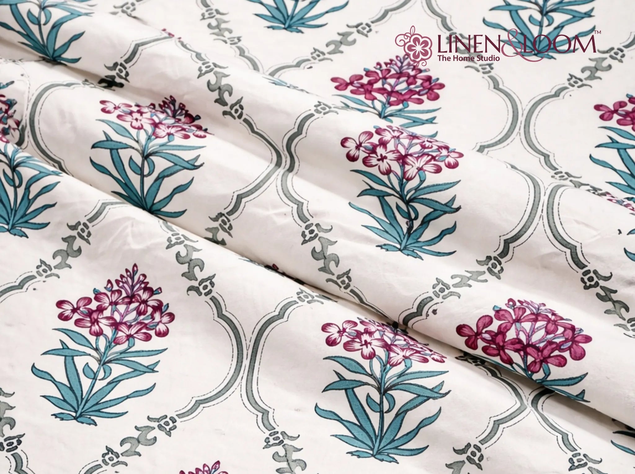 Provence Cranberry Mist - Linen & Loom Natural Collection - Super King (100x108) 100% Pure Cotton Bedsheet with 2 Pillow Covers | Soft Breathable Bedspread for Home Decor | TC 240