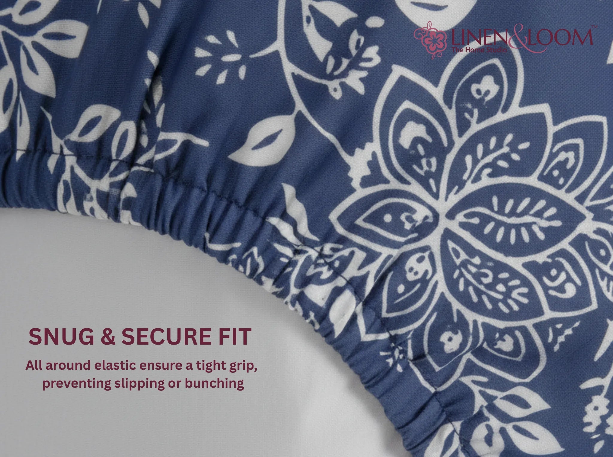 Indigo Lace - Linen & Loom Pure Comfort Series 360° Elastic Fitted Bedsheet | Soft and Comfortable Bed Linen Set for a Cozy Bedroom | 200 TC | King Size 72x78 inches + 9 inches