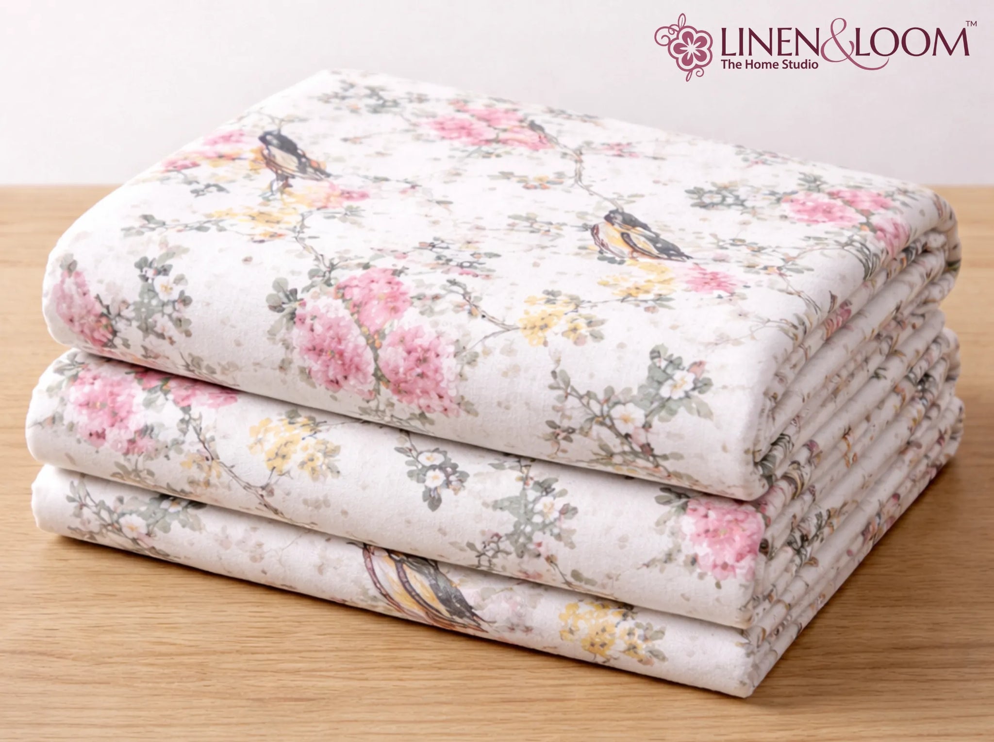 Pink Blossom Aviary - Linen & Loom The Natural Collection - 100% Pure Cotton Single Bedsheet (60 x 90 Inches) with 1 Pillow Cover | 240 TC - Soft & Breathable Cotton Bed Sheet for Bedroom