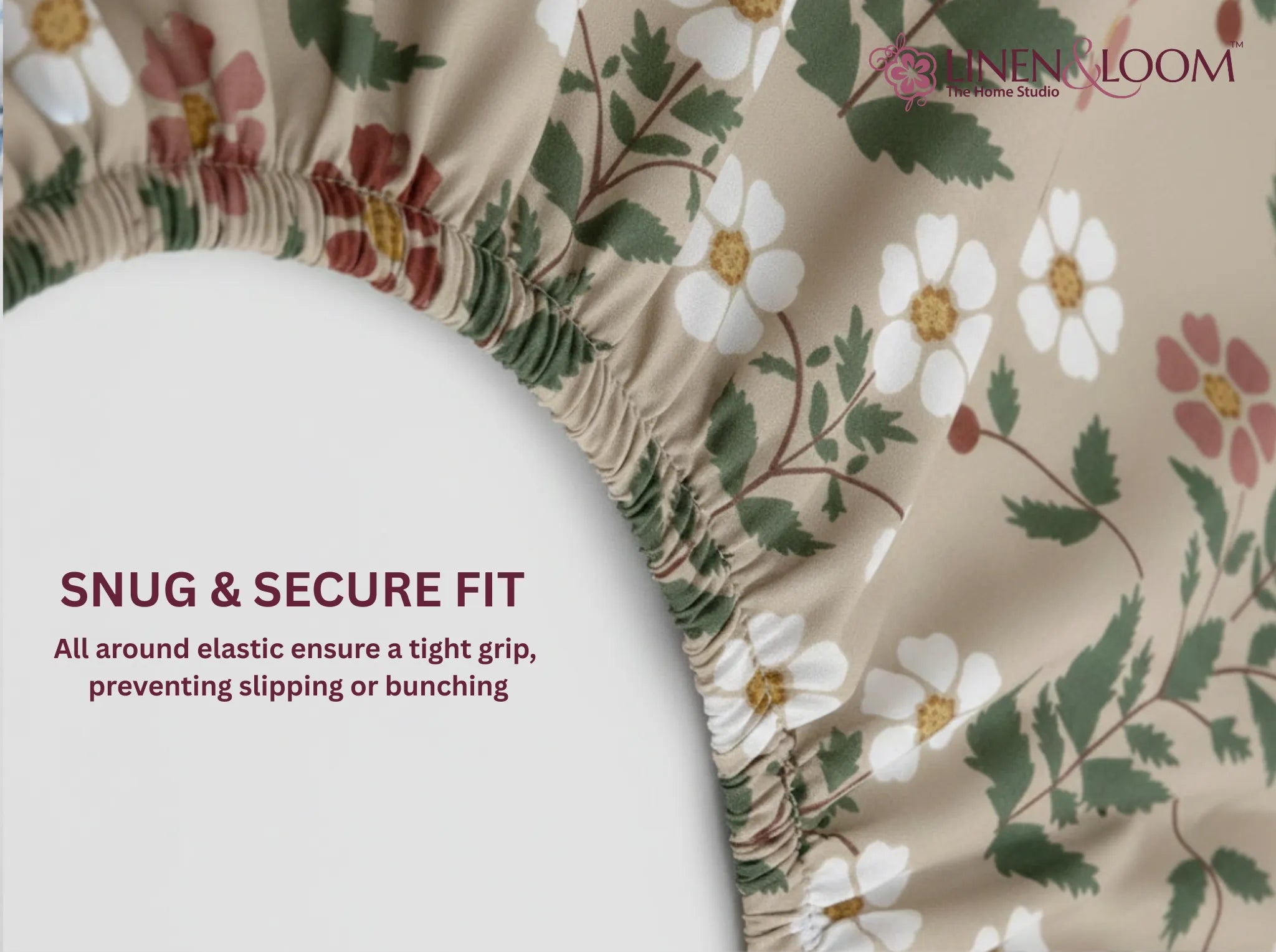 Meadow Bloom - Linen & Loom Pure Comfort Series 360° Elastic Fitted Bedsheet | Soft and Comfortable Bed Linen Set for a Cozy Bedroom | 200 TC | King Size 72x78 inches + 9 inches