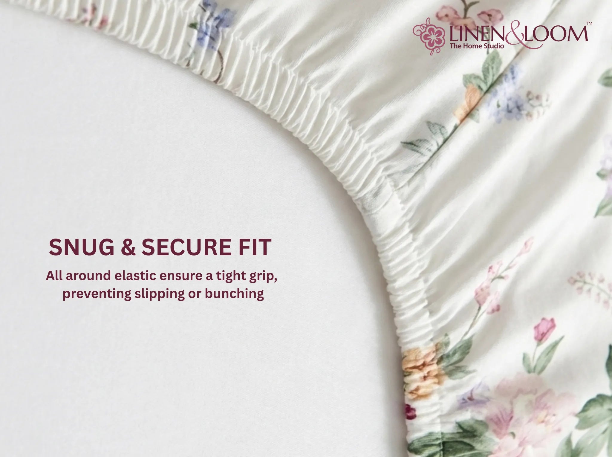 Morning Camellia - Linen & Loom Pure Comfort Series 360° Elastic Fitted Bedsheet | Soft and Comfortable Bed Linen Set for a Cozy Bedroom | 200 TC | King Size 72x78 inches + 9 inches