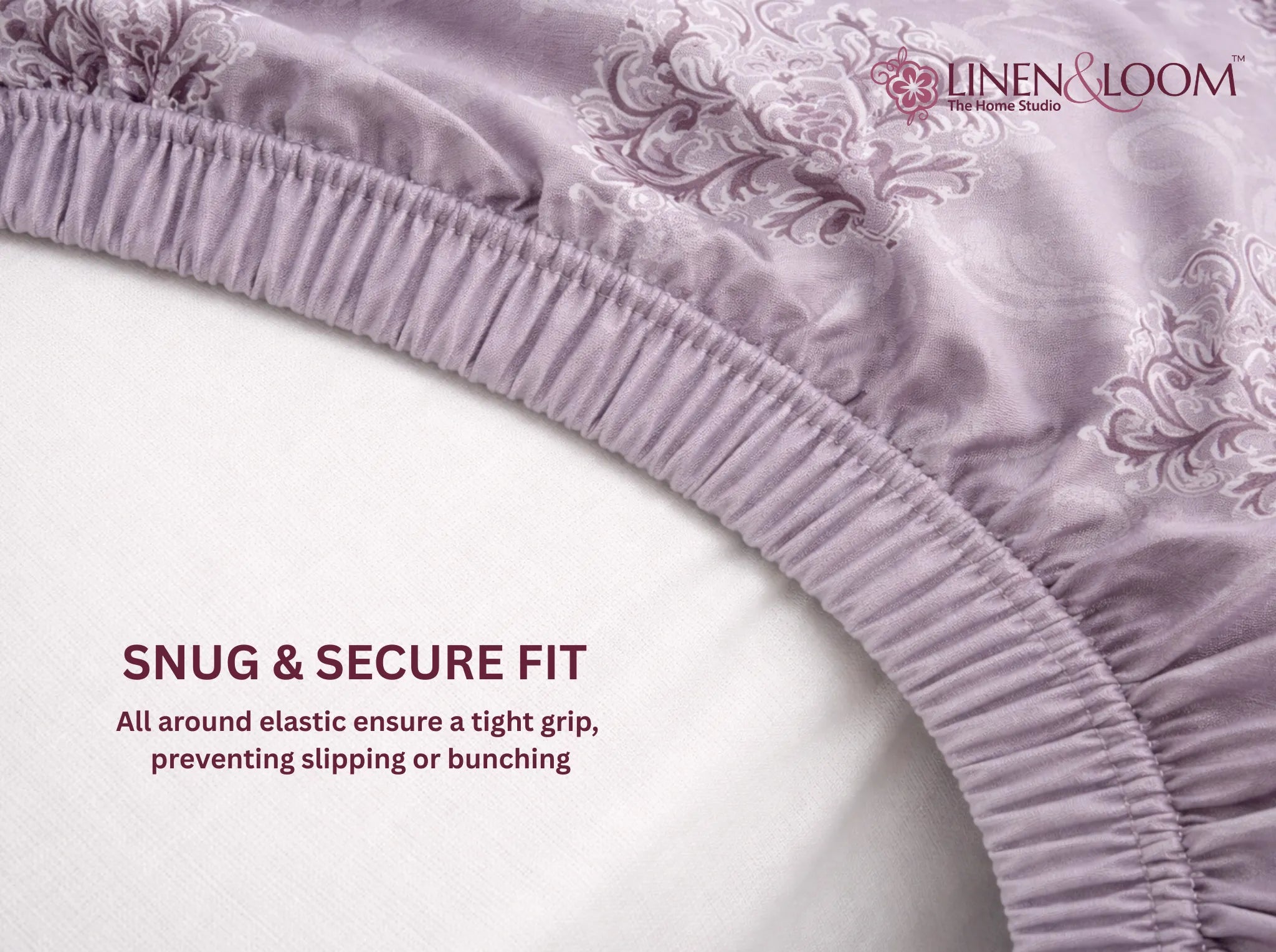 Lavender Damask - Linen & Loom Pure Comfort Series 360° Elastic Fitted Bedsheet | Soft and Comfortable Bed Linen Set for a Cozy Bedroom | 200 TC | King Size 72x78 inches + 9 inches