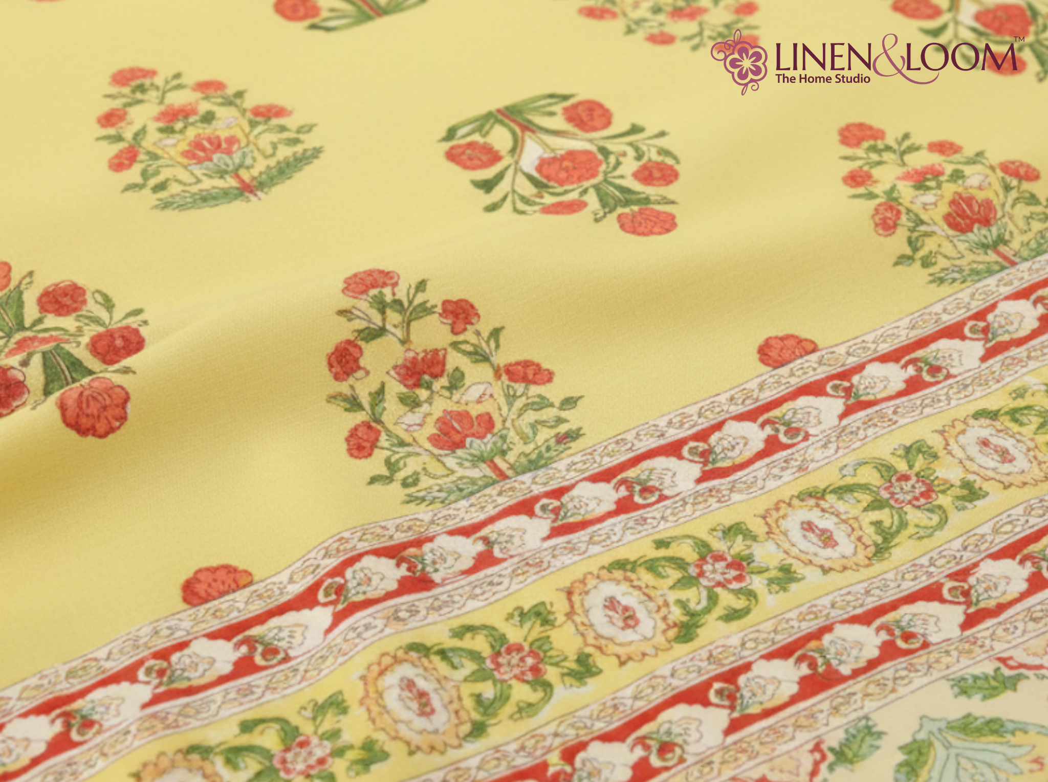Gulshan Royale-Yellow — Linen & Loom Maharani Motifs Premium 100% Pure Cotton King Size (90x108) Double Bed Bedsheet with 2 Pillow Covers || Floral Printed Elegant Bedroom Bedding Set || 240 TC
