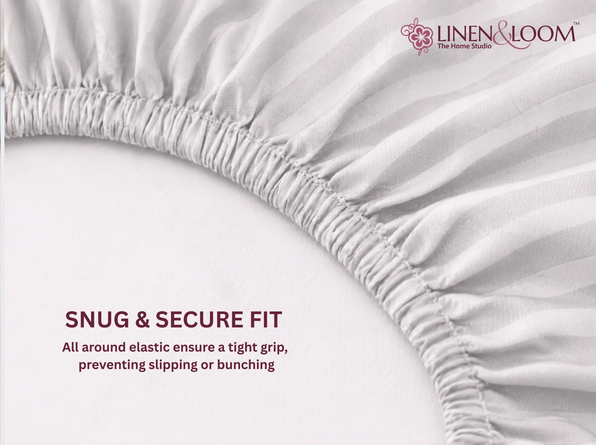 Ivory Cream - Linen & Loom Elegance King Size 360° Fitted (72X78 + 9 inches) Elasticated Bedsheet | Elegant Satin Stripes | No-Slip Design | Snug, Secure Grip | Fits Upto 8 Inch Mattress | 200 TC