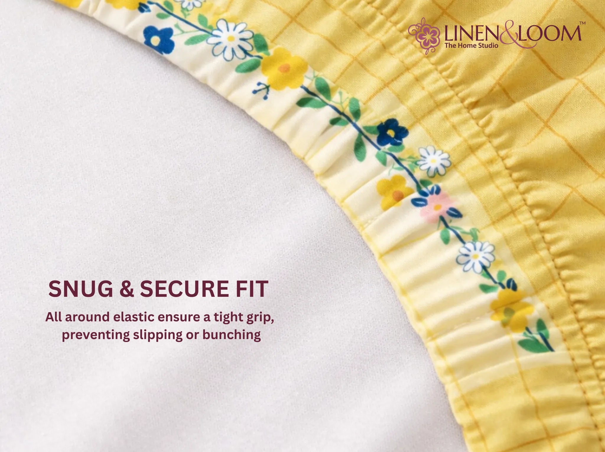 Floral Sunshine - Linen & Loom Pure Comfort Series 360° Elastic Fitted Bedsheet | Soft and Comfortable Bed Linen Set for a Cozy Bedroom | 200 TC | King Size 72x78 inches + 9 inches