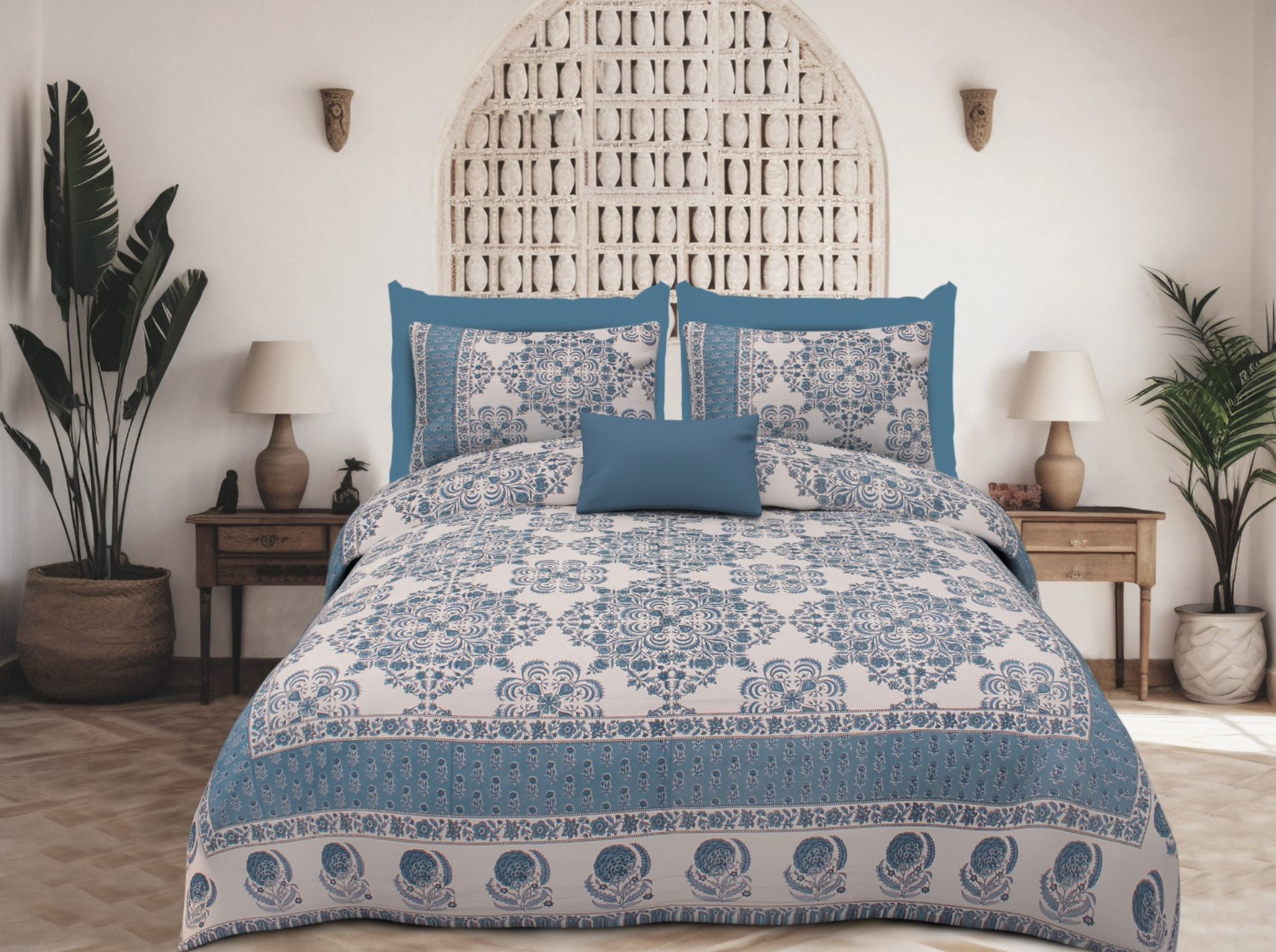 Ornate Heritage_Blue — Linen & Loom Jaipur Heritage Super King Size (108 x 108 inches) 100% Pure Cotton Bedsheet with 2 Pillow Covers | Soft & Breathable Bed Cover for Home Decor | 240 TC