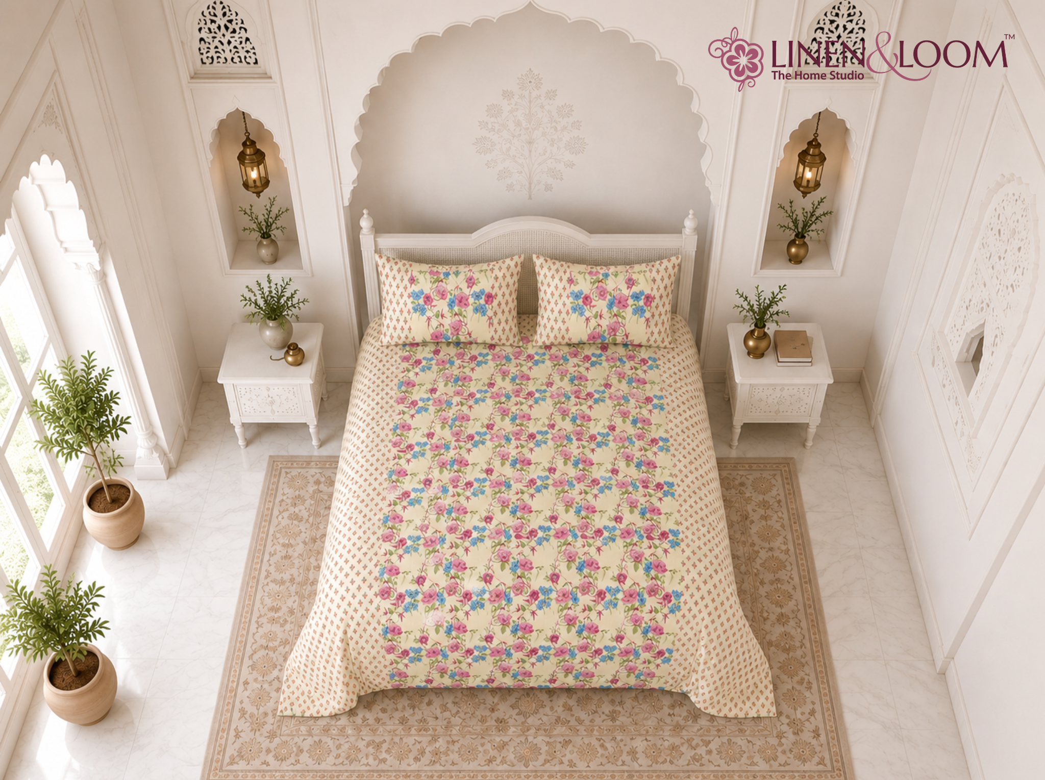 Bagh Elegance Pink Blue — Sanganeri Stories Bedsheet | Linen & Loom