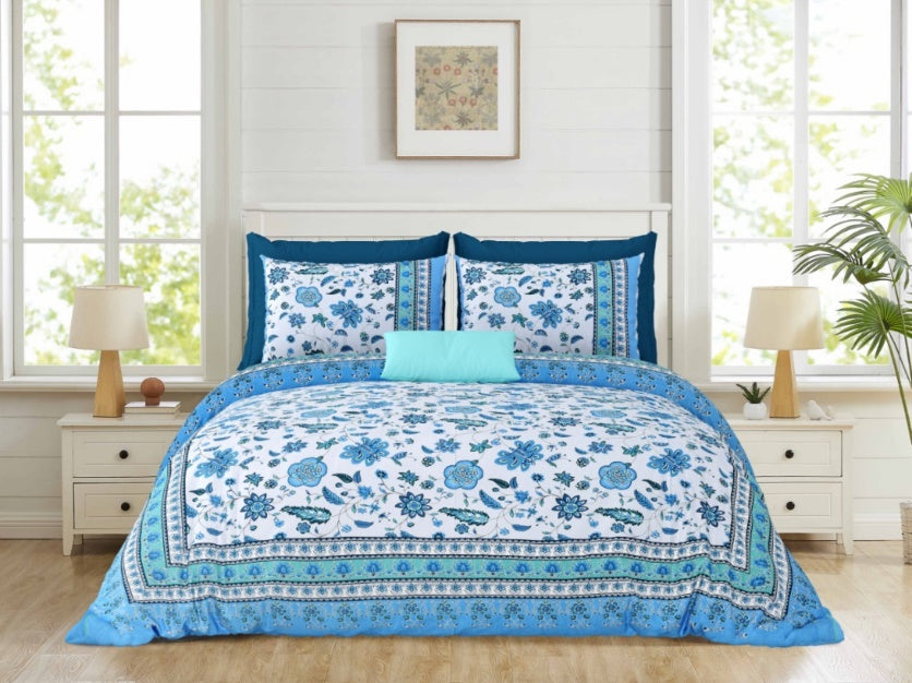 Floral Darbar-Blue — Linen & Loom Maharani Motifs Premium 100% Pure Cotton King Size (90x108) Double Bed Bedsheet with 2 Pillow Covers || Floral Printed Elegant Bedroom Bedding Set || 240 TC
