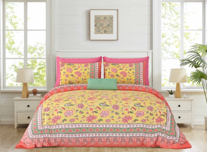 Floral Darbar-Yellow — Linen & Loom Maharani Motifs Premium 100% Pure Cotton King Size (90x108) Double Bed Bedsheet with 2 Pillow Covers || Floral Printed Elegant Bedroom Bedding Set || 240 TC