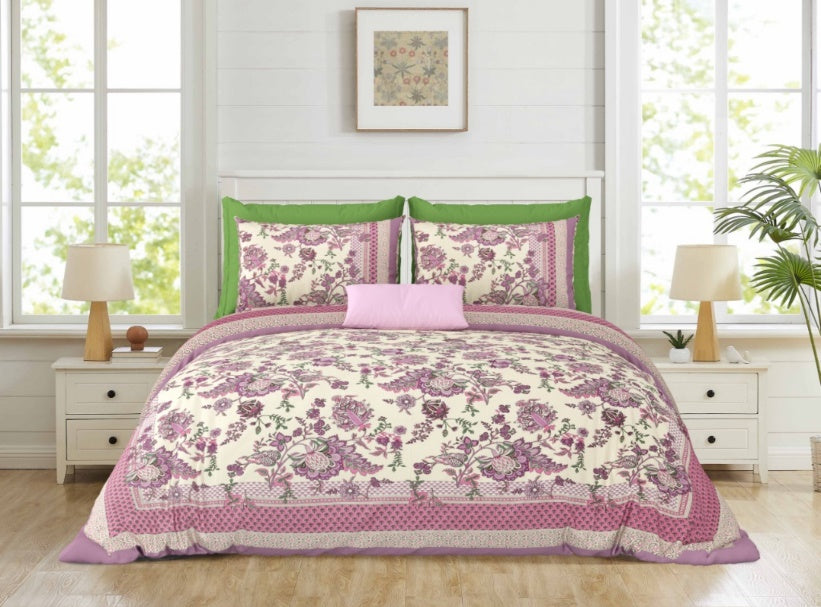 Gul Rosé-Lilac — Linen & Loom Maharani Motifs Premium 100% Pure Cotton King Size (90x108) Double Bed Bedsheet with 2 Pillow Covers || Floral Printed Elegant Bedroom Bedding Set || 240 TC