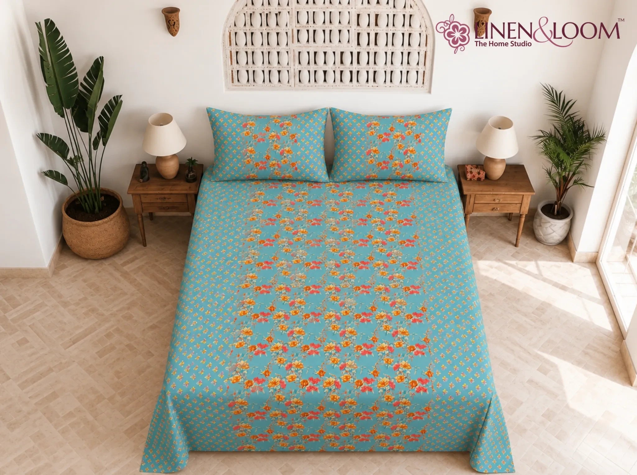 Gulshan Charm Blue Red — Sanganeri Stories Bedsheet | Linen & Loom