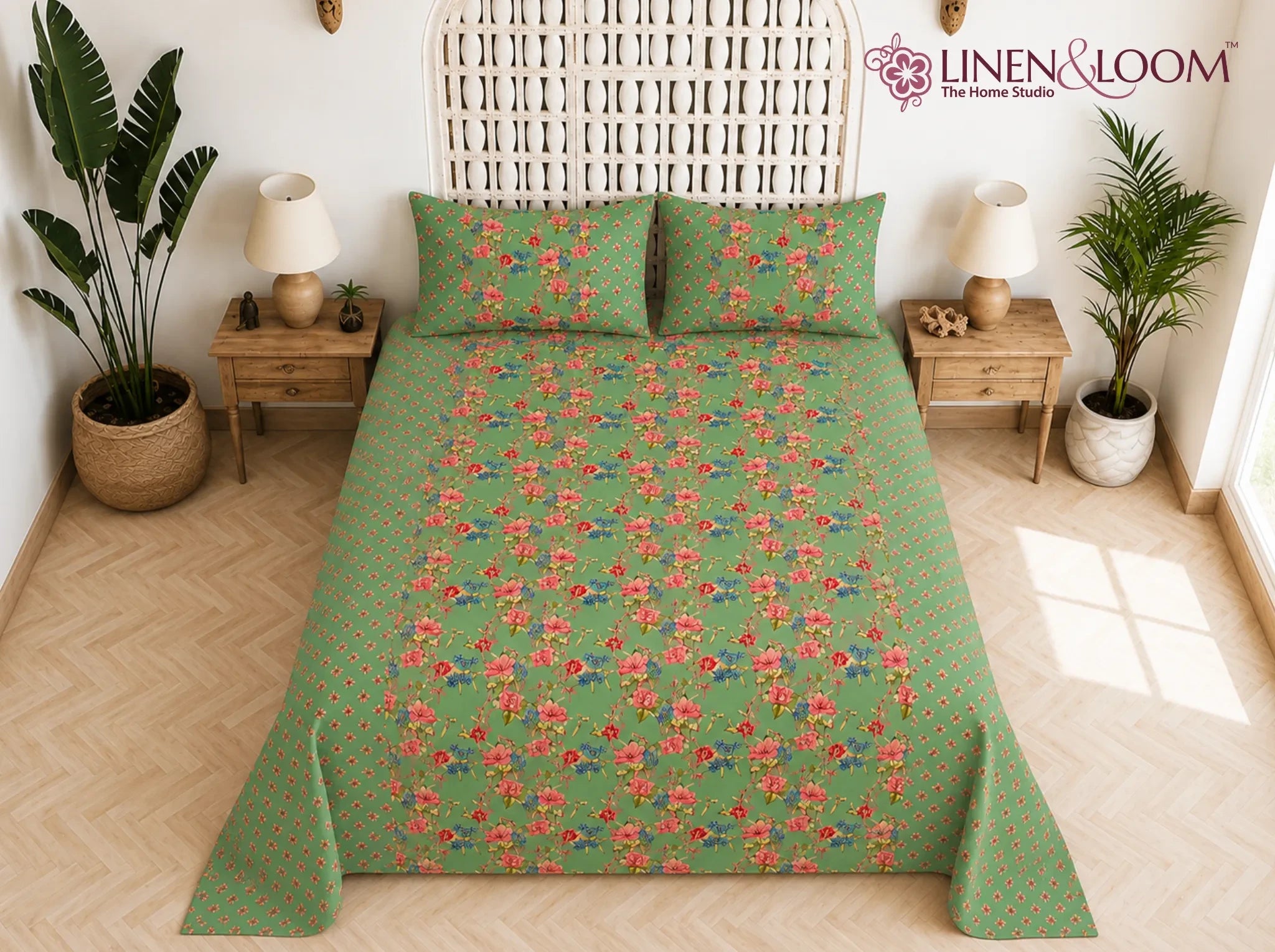 Gulshan Charm Green Pink — Sanganeri Stories Bedsheet | Linen & Loom