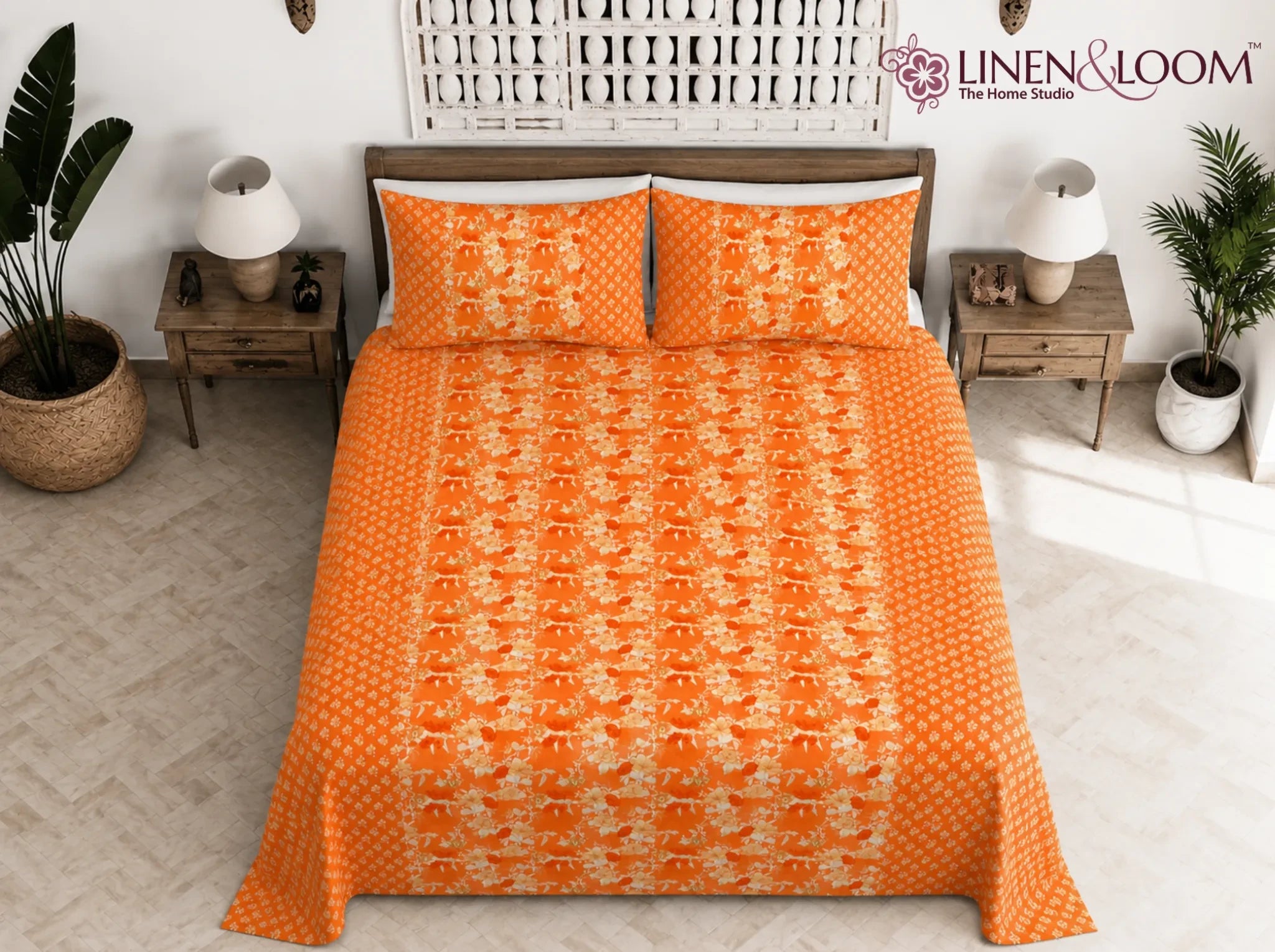 Gulshan Charm Orange Mustard — Sanganeri Stories Bedsheet | Linen & Loom