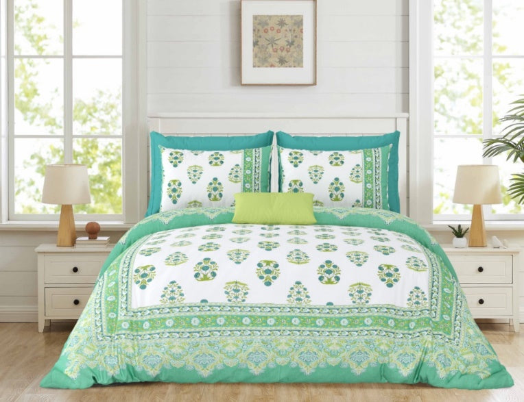 Gulshan Royale-Green — Linen & Loom Maharani Motifs Premium 100% Pure Cotton King Size (90x108) Double Bed Bedsheet with 2 Pillow Covers || Floral Printed Elegant Bedroom Bedding Set || 240 TC