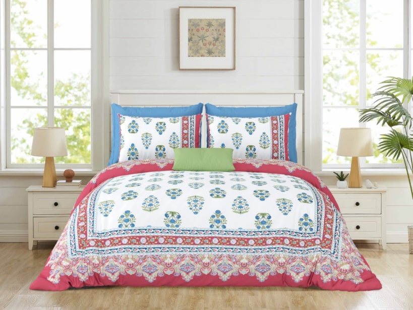 Gulshan Royale-Red — Linen & Loom Maharani Motifs Premium 100% Pure Cotton King Size (90x108) Double Bed Bedsheet with 2 Pillow Covers || Floral Printed Elegant Bedroom Bedding Set || 240 TC
