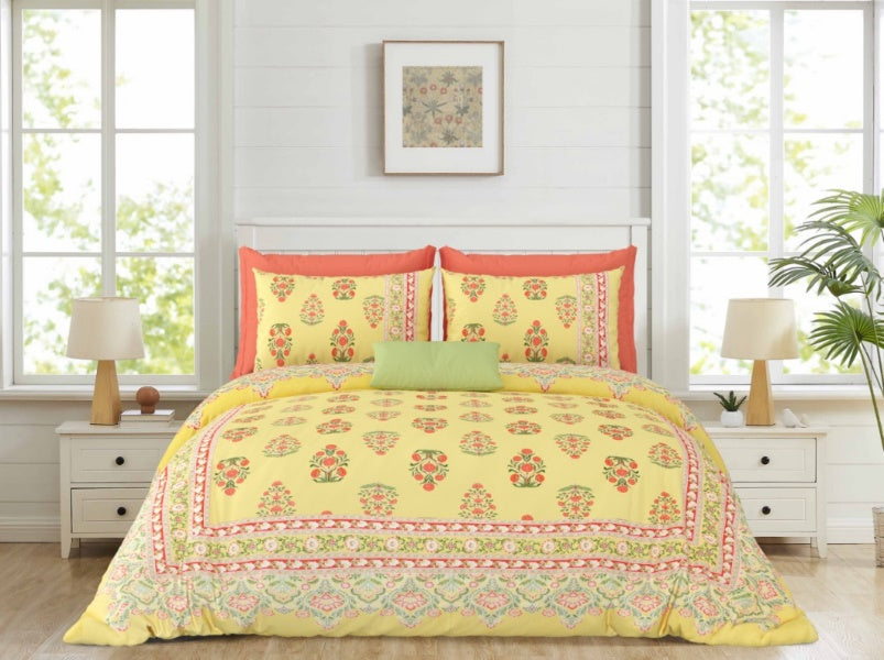 Gulshan Royale-Yellow — Linen & Loom Maharani Motifs Premium 100% Pure Cotton King Size (90x108) Double Bed Bedsheet with 2 Pillow Covers || Floral Printed Elegant Bedroom Bedding Set || 240 TC