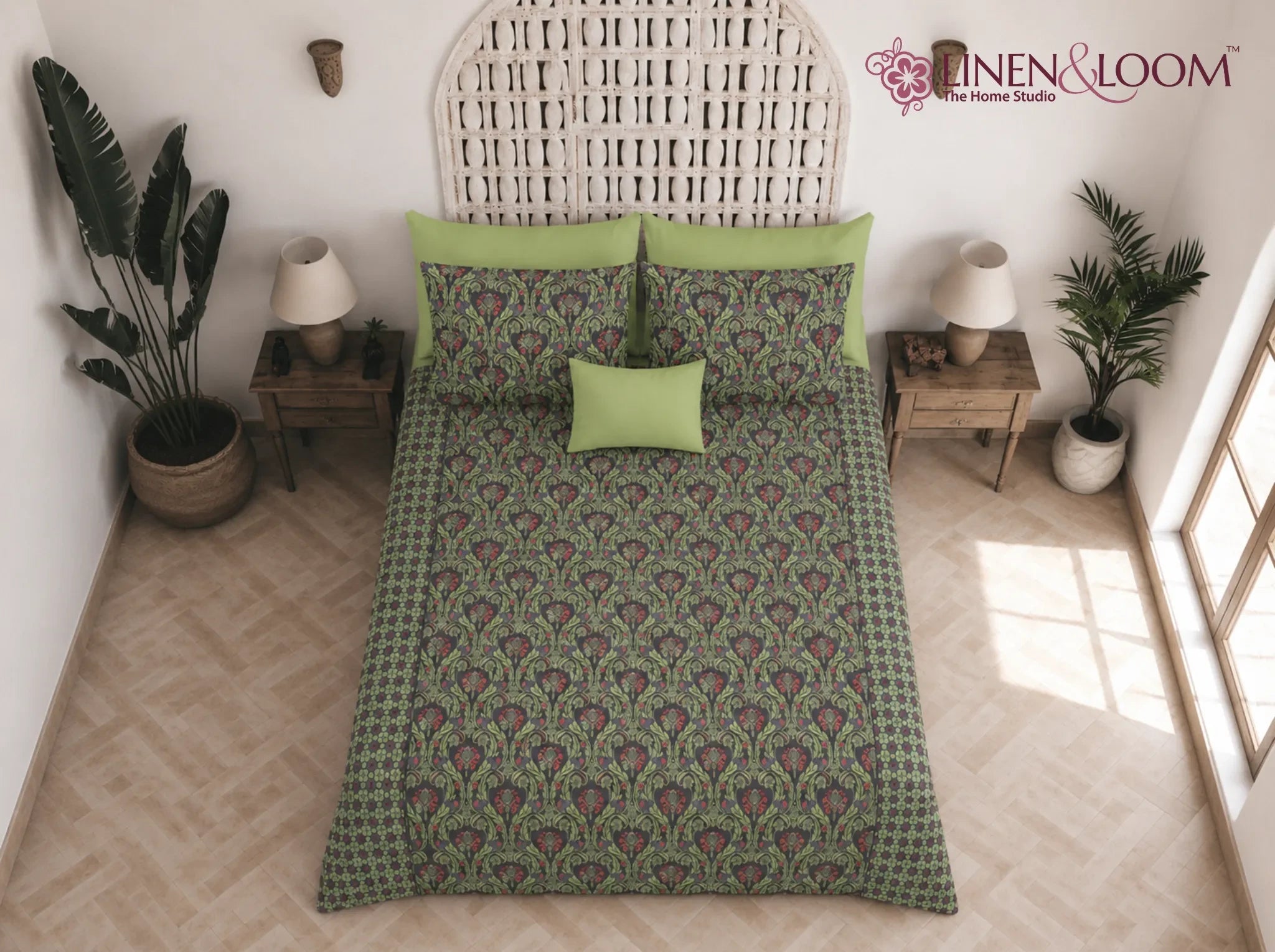 Heritage Scroll Green — Sanganeri Stories Bedsheet | Linen & Loom