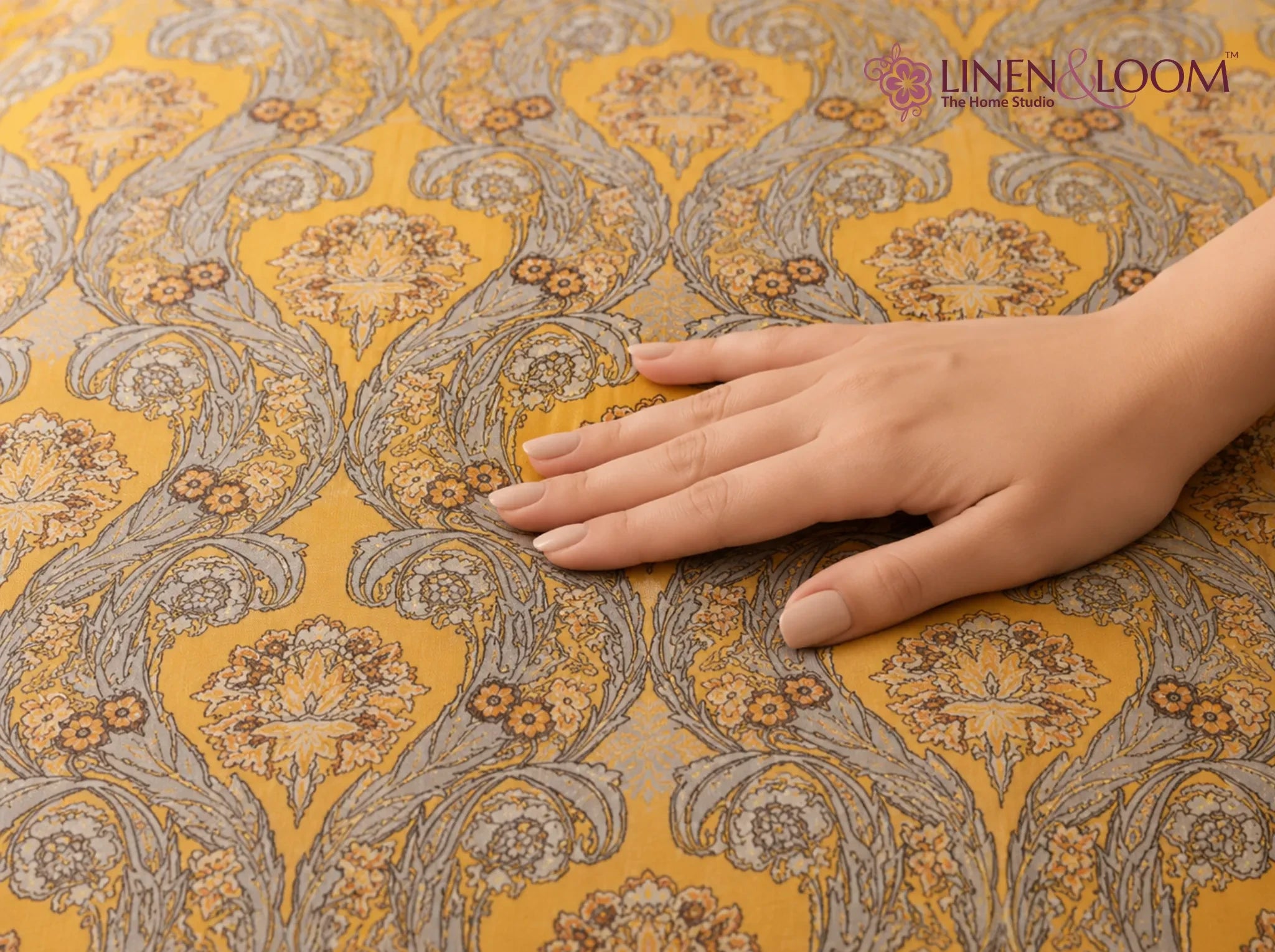 Heritage Scroll Mustard — Sanganeri Stories Bedsheet | Linen & Loom