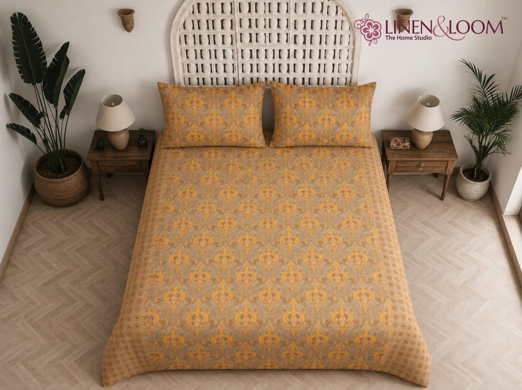Heritage Scroll Mustard — Sanganeri Stories Bedsheet | Linen & Loom