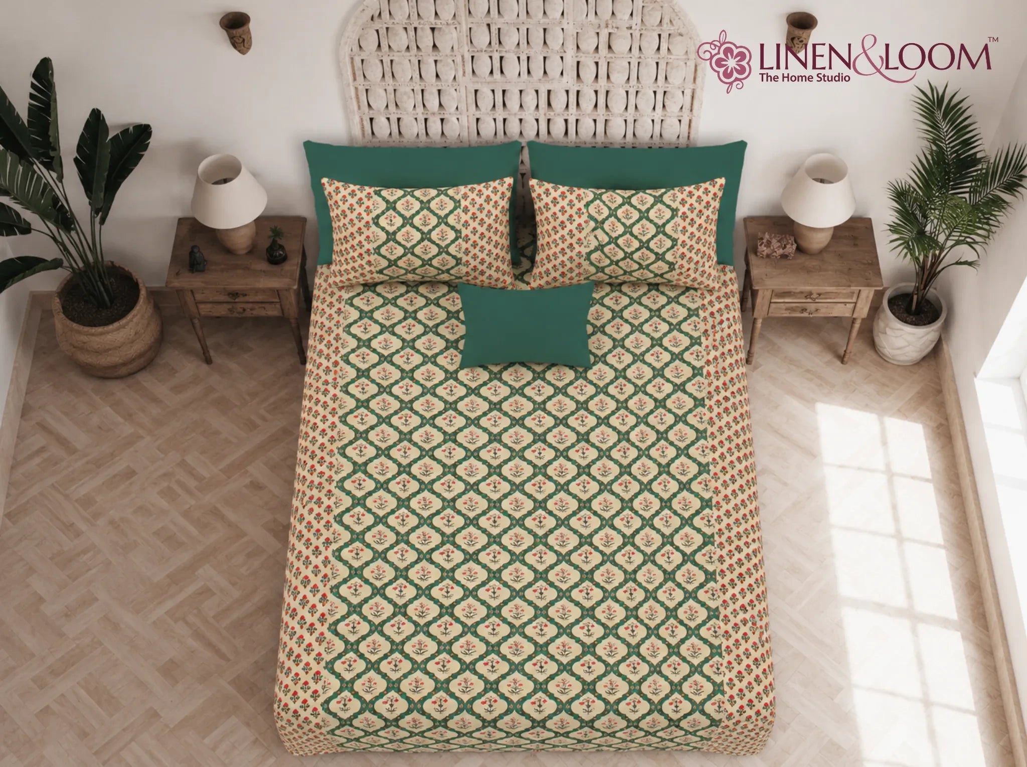 Heritage Vine Green — Sanganeri Stories Bedsheet | Linen & Loom