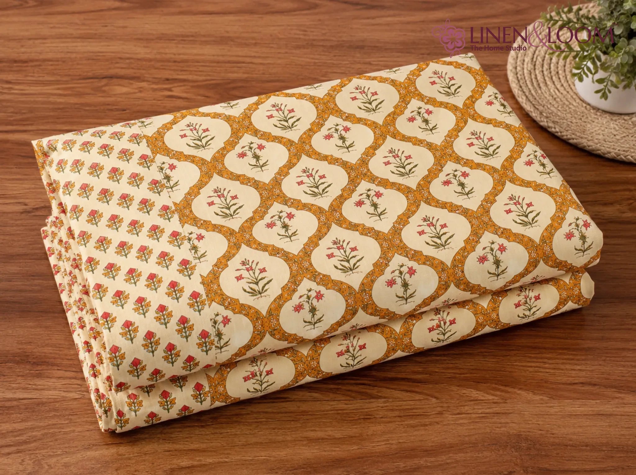 Heritage Vine Mustard — Sanganeri Stories Bedsheet | Linen & Loom