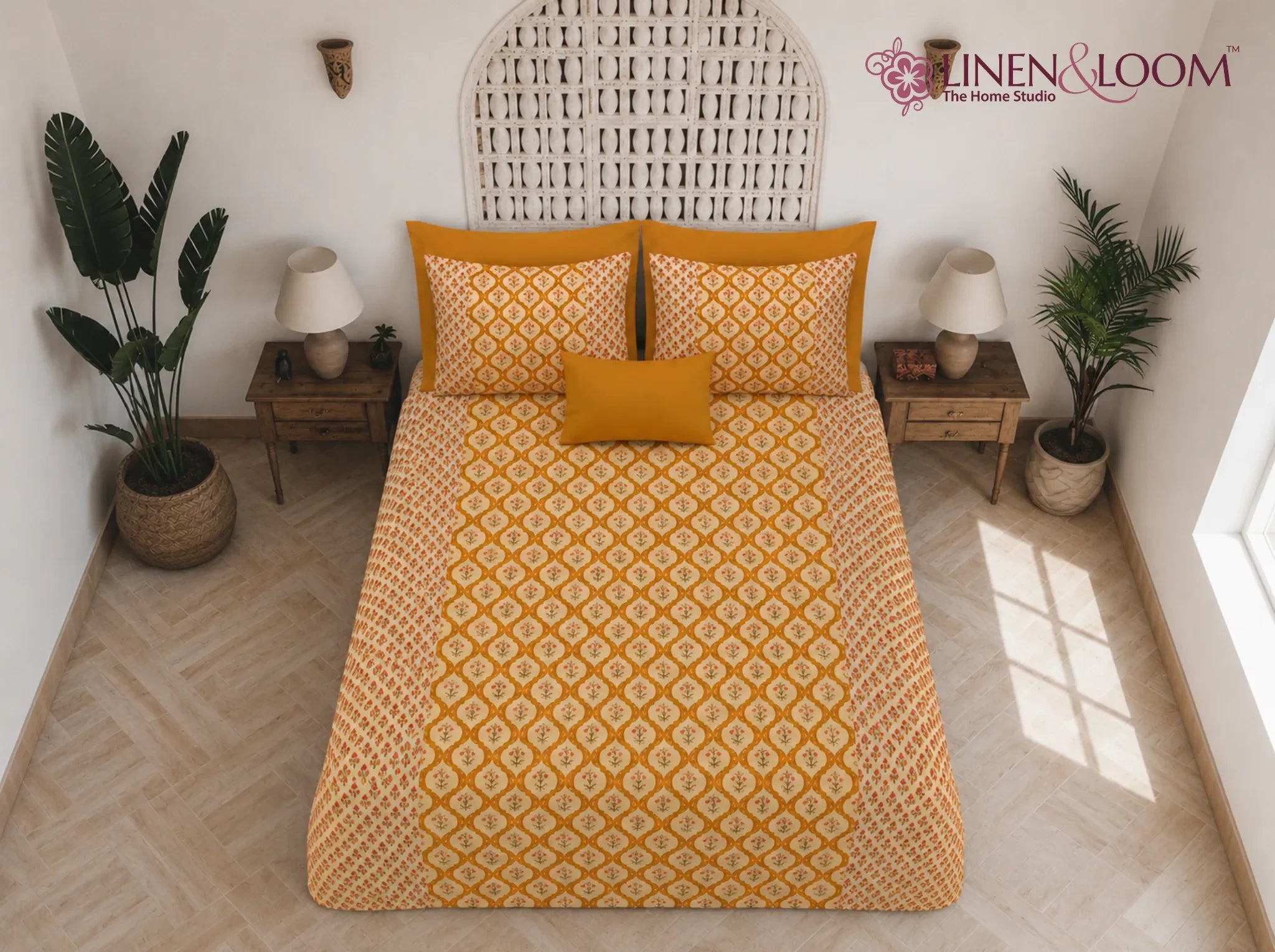 Heritage Vine Mustard — Sanganeri Stories Bedsheet | Linen & Loom