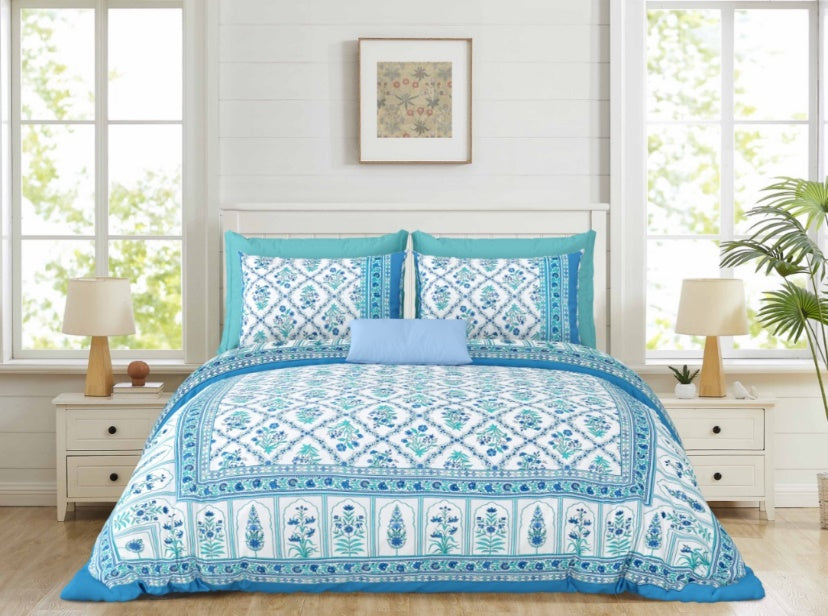 Indigo Rani — Linen & Loom Maharani Motifs Premium 100% Pure Cotton King Size (90x108) Double Bed Bedsheet with 2 Pillow Covers || Floral Printed Elegant Bedroom Bedding Set || 240 TC