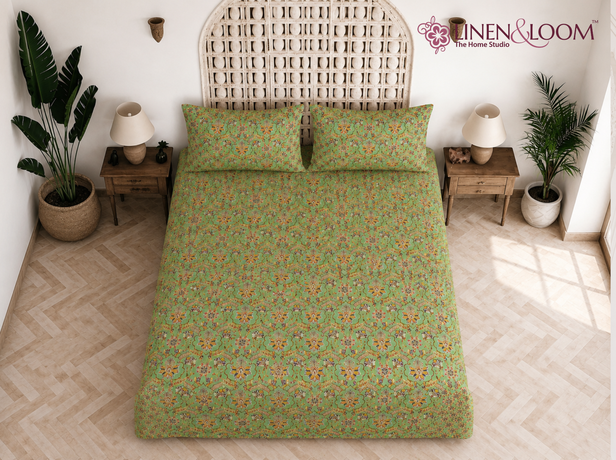 Meher Vista Mehandi Green — Sanganeri Stories Bedsheet | Linen & Loom