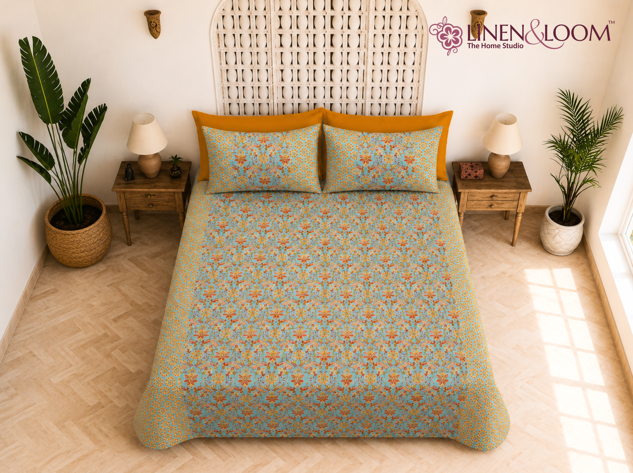 Meher Vista Mustard — Sanganeri Stories Bedsheet | Linen & Loom