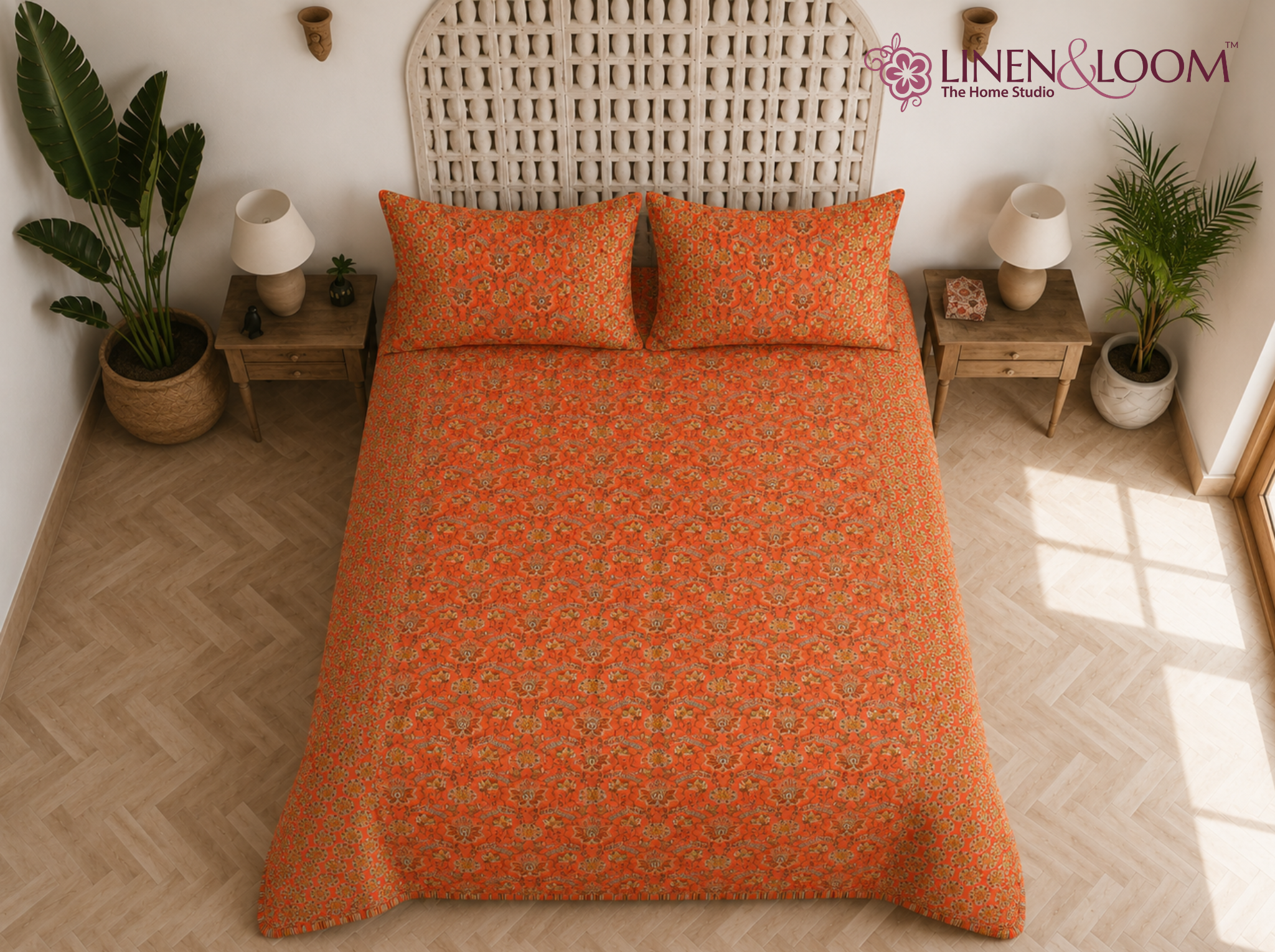 Meher Vista Orange — Sanganeri Stories Bedsheet | Linen & Loom