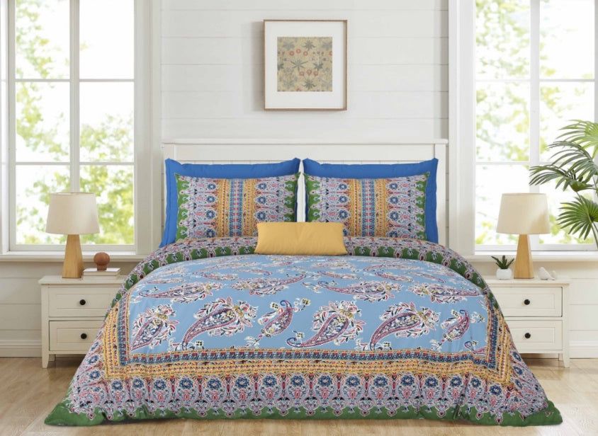Rajwada Paisley-Blue — Linen & Loom Maharani Motifs Premium 100% Pure Cotton King Size (90x108) Double Bed Bedsheet with 2 Pillow Covers || Floral Printed Elegant Bedroom Bedding Set || 240 TC