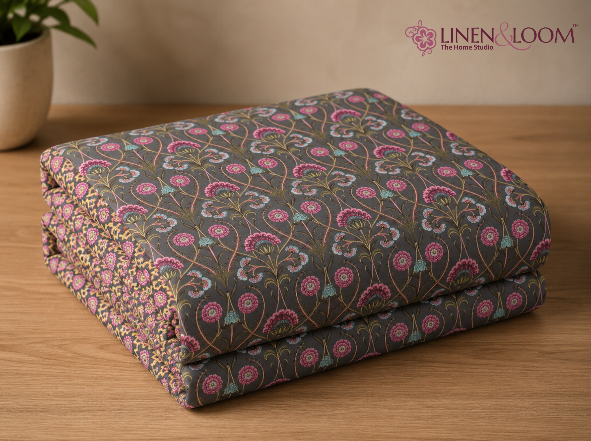 Rani Elegance Grey Pink — Sanganeri Stories Bedsheet | Linen & Loom