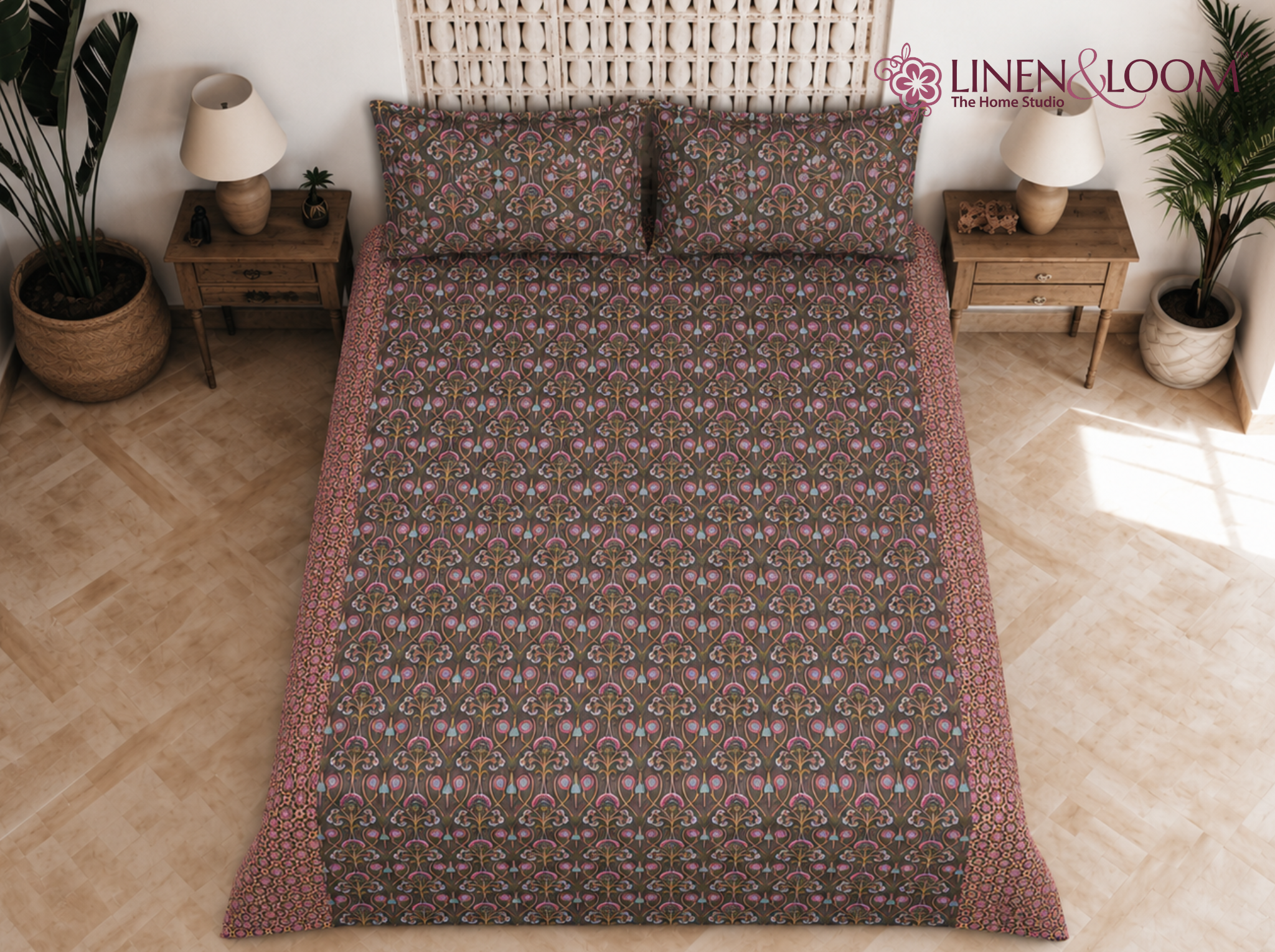 Rani Elegance Grey Pink — Sanganeri Stories Bedsheet | Linen & Loom