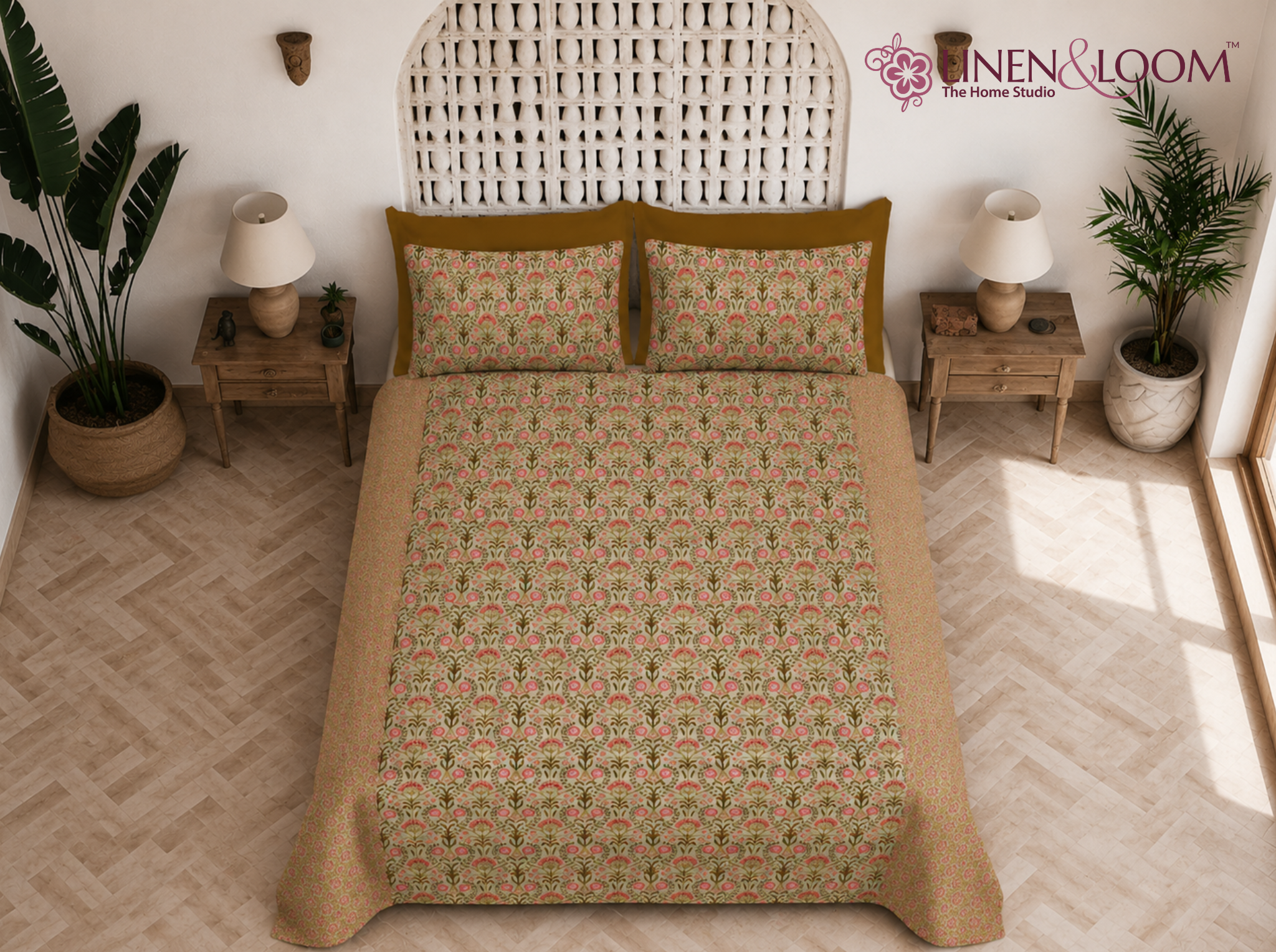 Rani Elegance Mehandi Green — Sanganeri Stories Bedsheet | Linen & Loom
