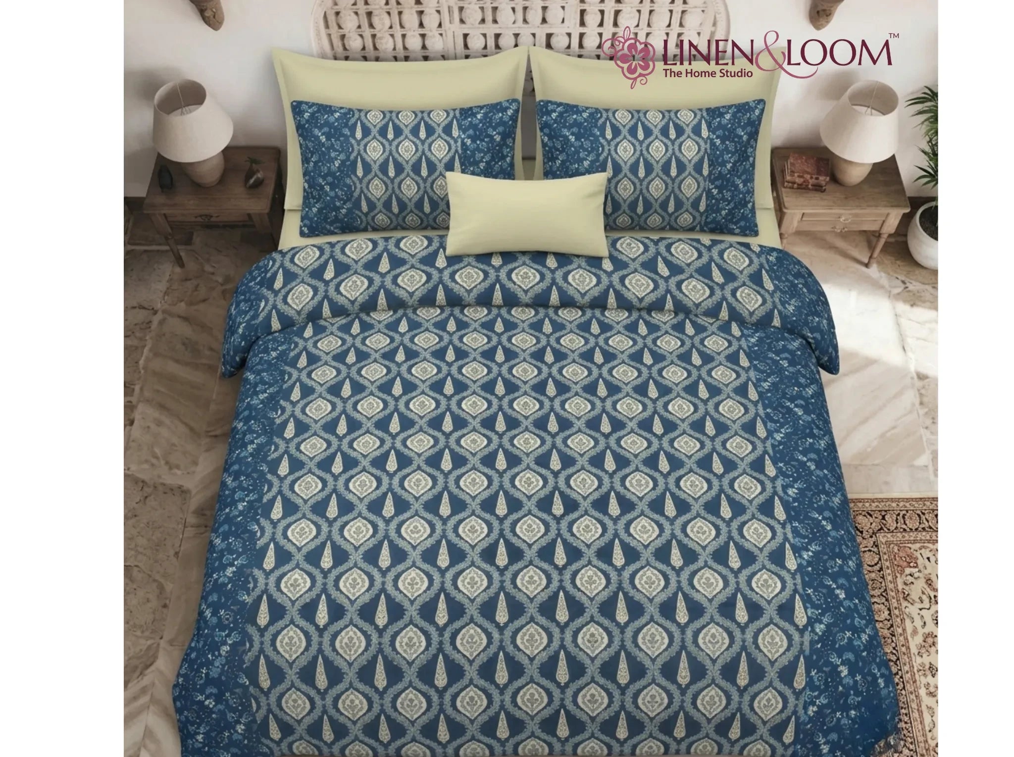 Shahi Splendor Dark Blue — Sanganeri Stories Bedsheet | Linen & Loom