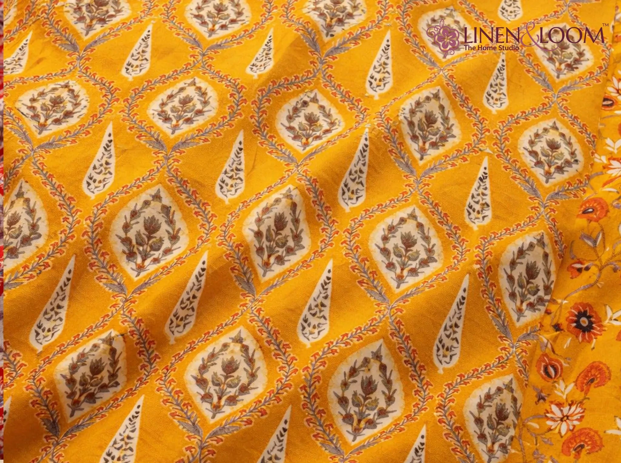 Shahi Splendor Mustard — Sanganeri Stories Bedsheet | Linen & Loom