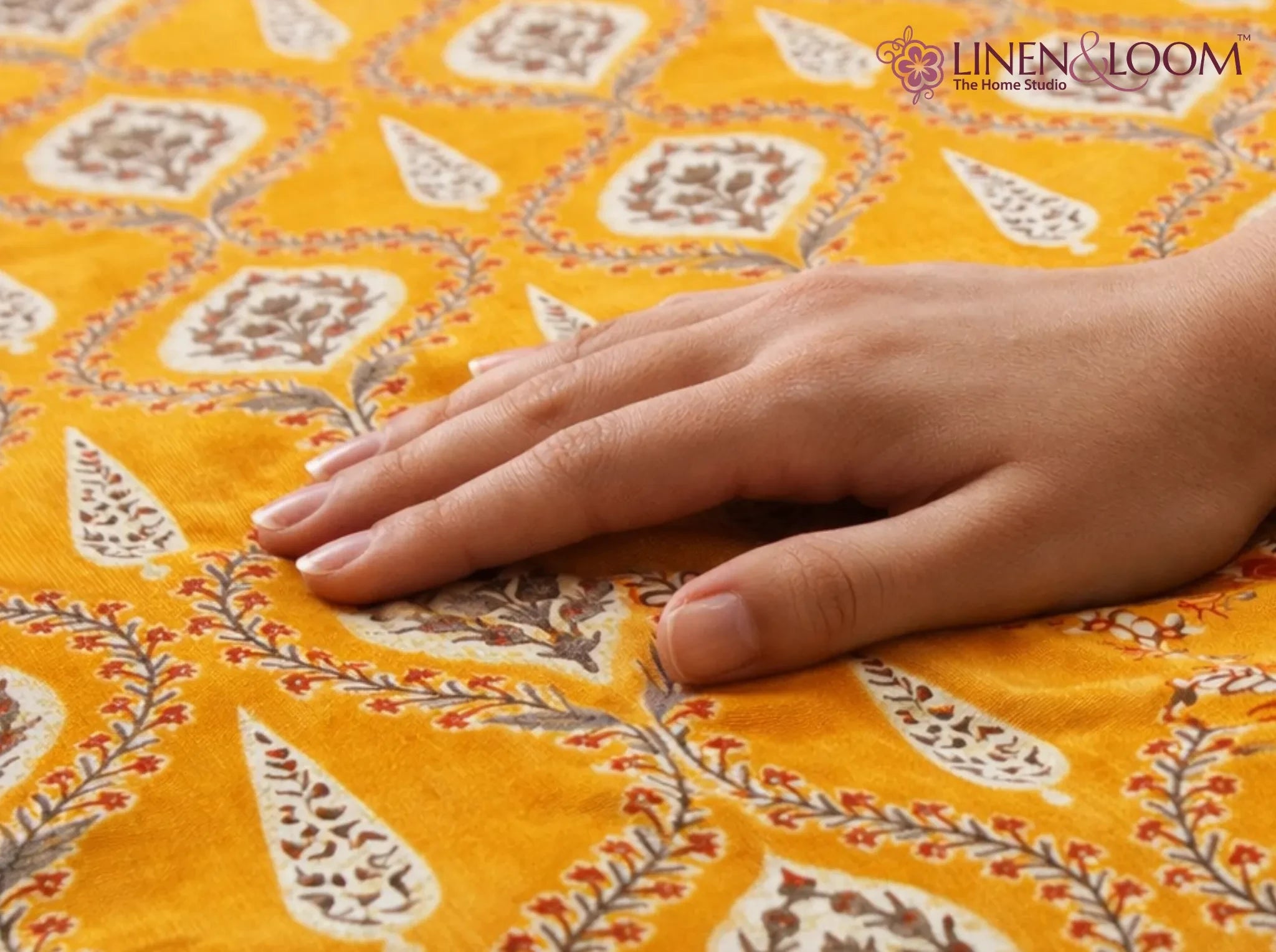 Shahi Splendor Mustard — Sanganeri Stories Bedsheet | Linen & Loom