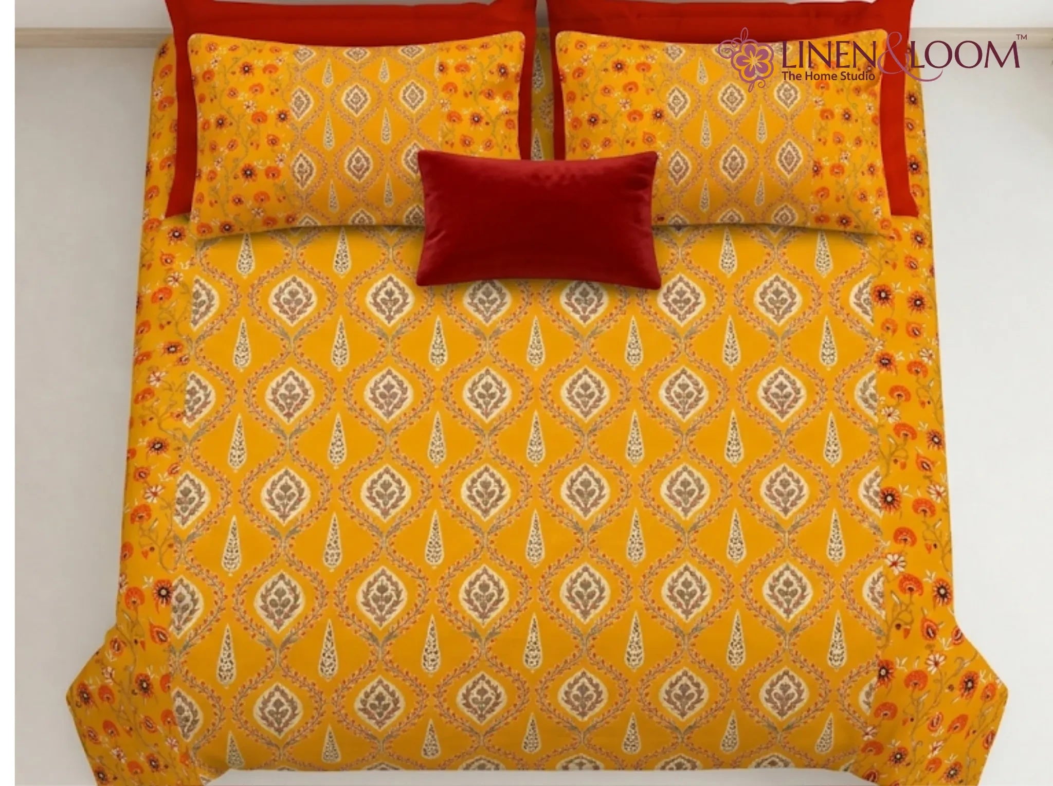Shahi Splendor Mustard — Sanganeri Stories Bedsheet | Linen & Loom